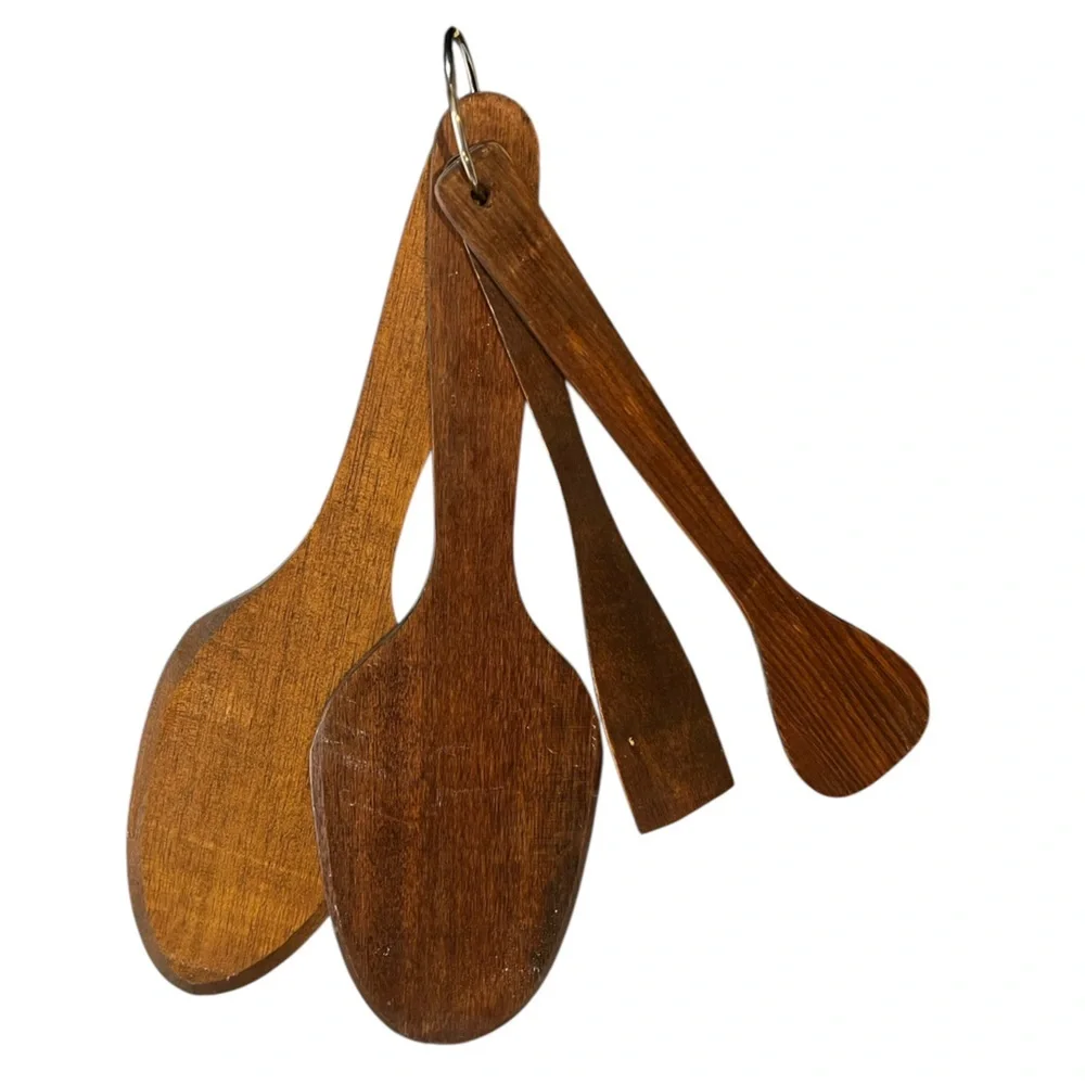 Vintage Wood Kitchen Utensils Handpainted Cottagecore Decor Folk Art 70s